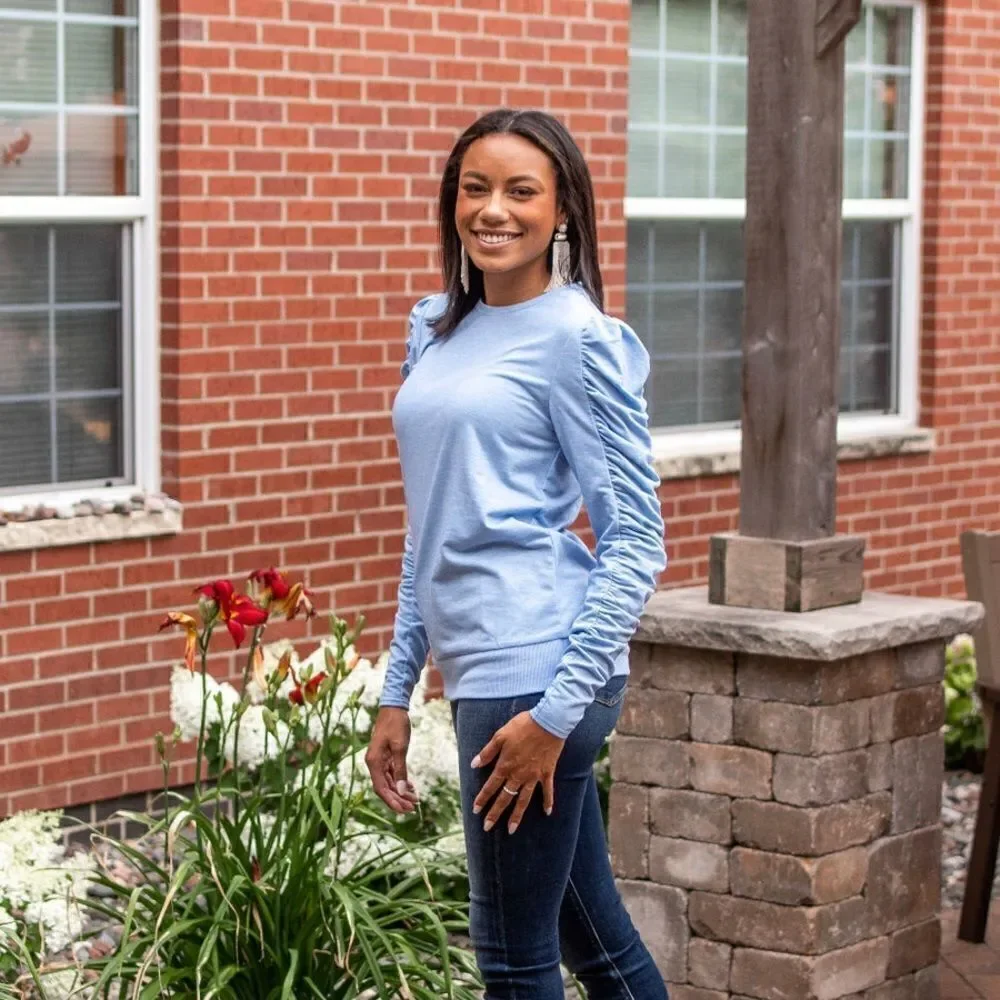 Ruched, Ruffle Long Sleeve Top, Light Blue Size Small - Picture 10 of 10